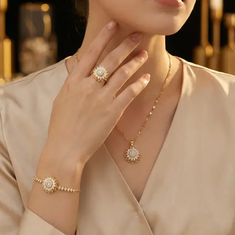 Jewelry Set Fashion Style SUNFLOWER New Zircon Sunflower Ins Ring Rotatable Clavicle Chain Jewelry Bracelet Necklace Earrings Ring