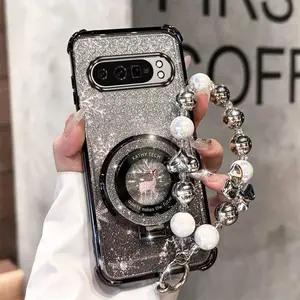 Pixel9 Pro XL Girls Series Fashion Strap Lanyard Phone Holder Case For Compatible With Google Pixel 9 Pro XL PC Cover and Shockproof Protective Deer with Snowflake Winter Style Protector Cases Accessories