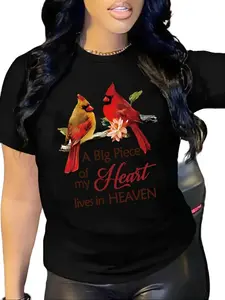 Pure Cotton T-Shirt with Bird Pattern, Short Sleeve Casual Round Neck Top, Women's Apparel for Spring and Summer