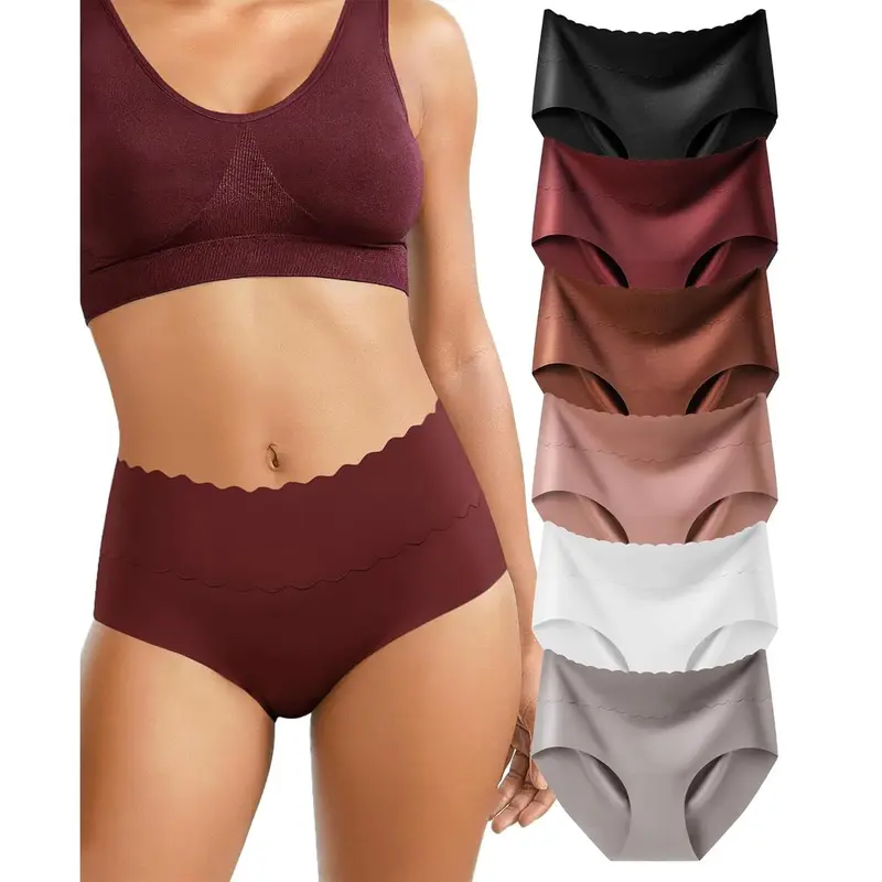 LEVAO Women's 6-Pack Multicolor Plain Briefs - Seamless High-Mid Waisted Panties for Women, Lightweight Ice Silk Soft Full Coverage Underpants with Cotton Crotch, S-XXL