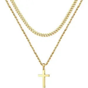 Layered Cross Necklace for Men - 18K Gold Stainless Steel Mens Cross Necklaces Cross Chain, Layered Rope Chain Cross Necklace for Men 16 18 20 22 24 Inch Necklace