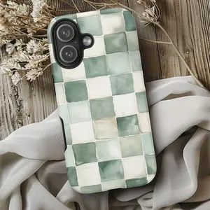 Green Checkerboard Phone Case _ Iphone 11-17 Compatible, Watercolor Grid