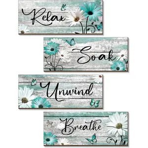 4-Pack Rustic Bathroom Wall Signs - 10x4" Farmhouse Daisy & Tulip Decor with "Relax Soak Unwind" Quotes - Turquoise Wood Plaques Wooden