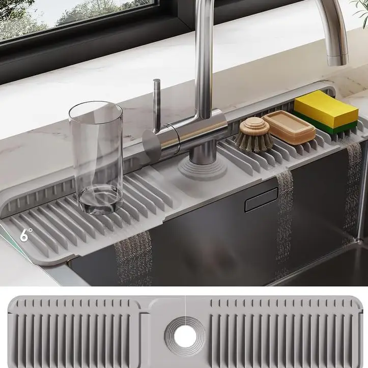 24 Inch Silicone Faucet Mat for Kitchen Sink Splash Guard - 6 Slope Water Draining Mat with Fasten Button for Bathroom Area -Gray