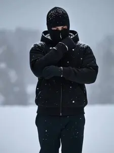 Men's Black Minimalist Balaclava Zip-Up Hoodie, Oversized Edgy Streetwear with Full-Face Mask