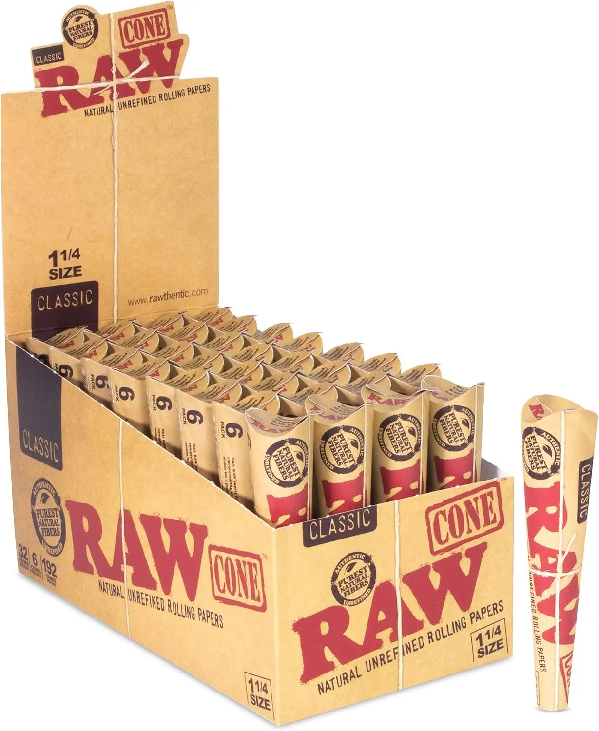 RAW Cones Classic 1¼ Size | 32 Packs | Natural Pre Rolled Rolling Paper with Tips | 6 Cones per Pack