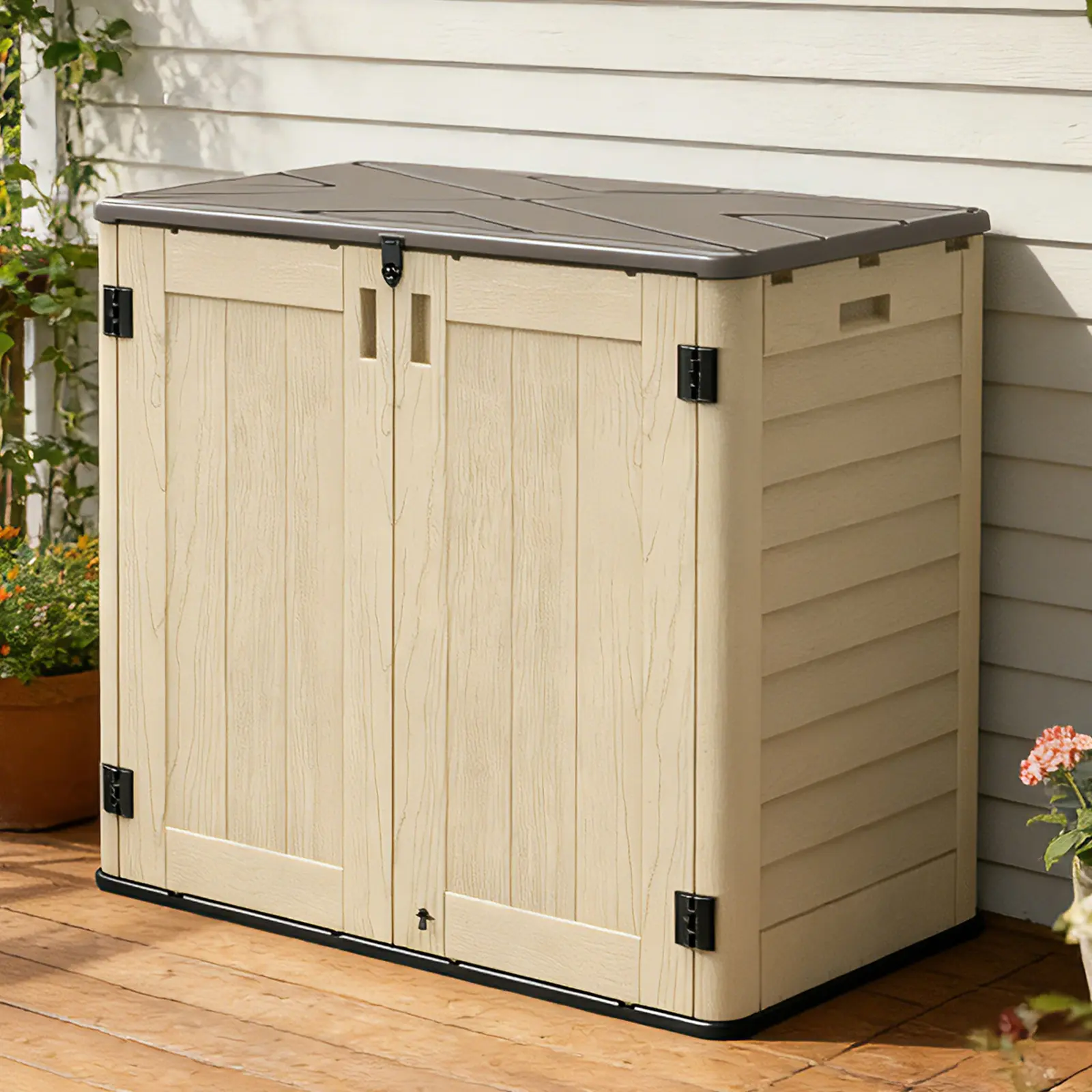 IWDOO 30 Cu Ft Lockable Horizontal PE Resin Plastic Outdoor Storage Shed - Lockable Cabinet, Sturdy, Waterproof, Anti-Aging, Rustproof Garden Unit, 44.69x24.02x39.37in, Assembly Required, Khaki Body/Brown Lid/Black Bottom for Backyard, Patio