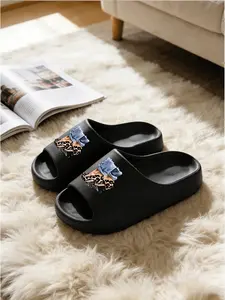 Leopard Print High Heel Sandals, Cloud Pattern Slip-Ons, Retro Style, Medium Width, Eva Sole, Casual Home Footwear, All Seasons
