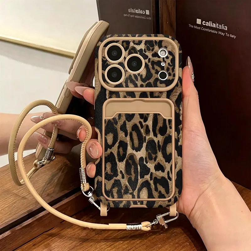 Viral Leopard Print Leather Card Holder Phone Case Cover with Lanyard, Anti-Slip Anti-Fingerprint, Luxury Shockproof Protection Wallet Case for iPhone, Cellphone, Smartphone Accessories