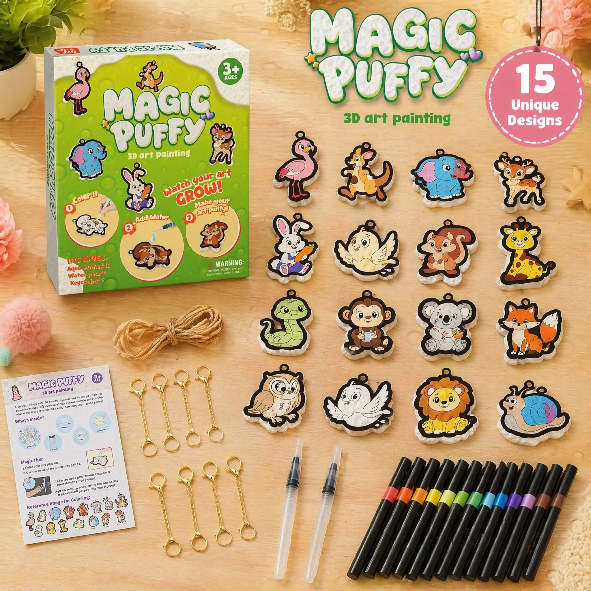 BOGO! 30pcs! Aqua Puffs DIY Puffy Art Set - 3D Water-Activated Foam Charm Making Kit, Includes 15 Designs, 10 Color Pens, 2 Water Pens, 6 Keychains - Screen-Free Craft Gift for Ages 4-10 cute daily activity paint