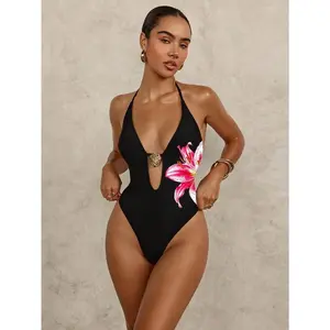 Swim1pcWomen'sFloralBacklessHalterOne-PieceSwimsuit,Vacation&Beach