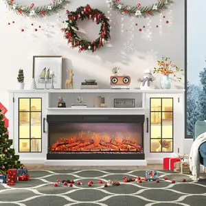 75In 3 Sided Glass Fireplace TV Stand for TVs Up to 85" Rustic Media Console with LED Lights Glass Door Storage Distressed White Entertainment Center