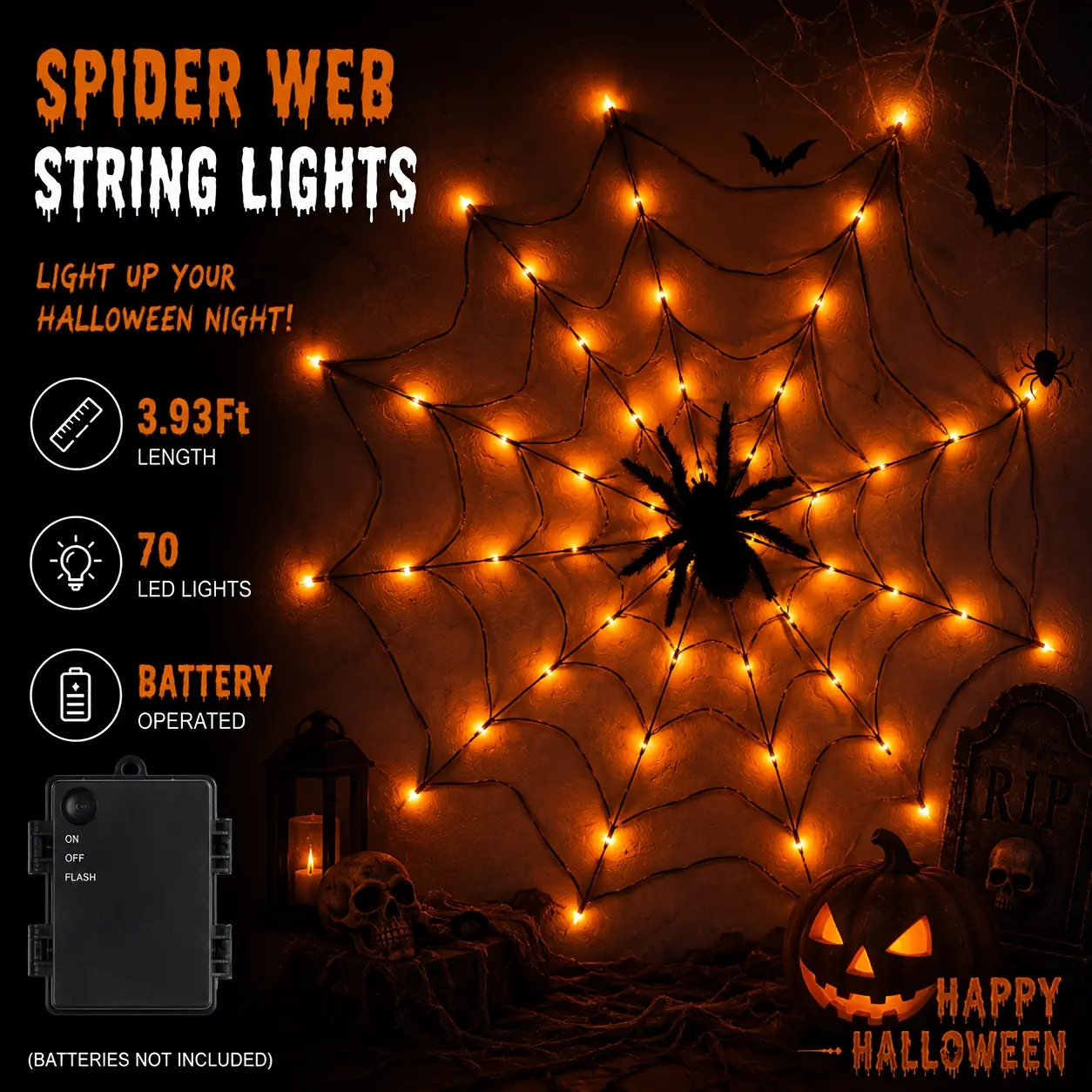1 Halloween LED spider web light, 70 LEDs with orange glow, indoor Halloween string lights, battery box powered (batteries not included), net lights for Halloween parties, bedrooms, bars, and haunted houses, Halloween decoration (with spiders)