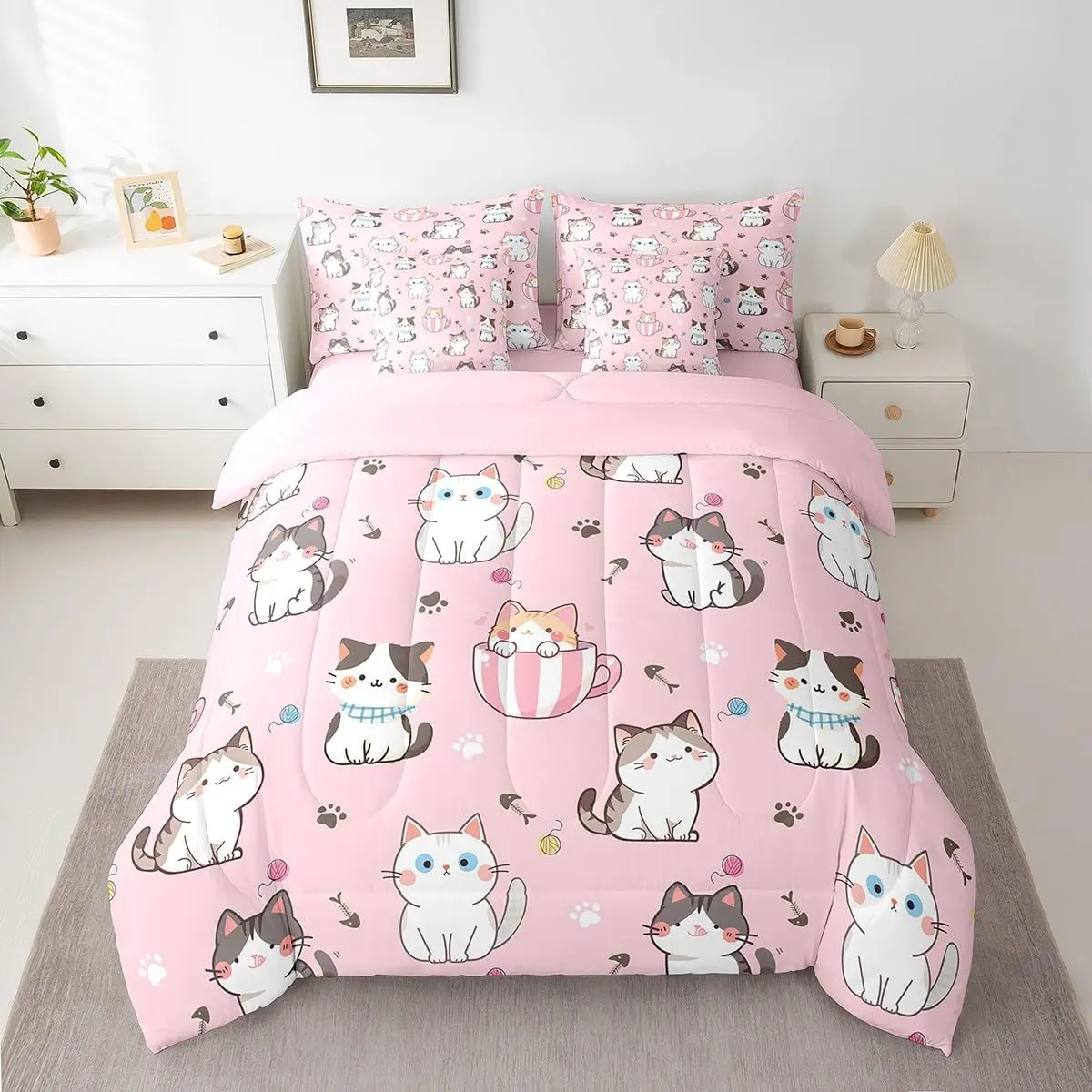 Feelyou 7-Piece Soft Breathable Bedding Set - Cute Sheets, Matching Bedding, Kitty Print Animal-Inspired Comforter, Breathable Bed Cover, Machine Washable Kawaii Bed-in-a-Bag for Cat Lovers