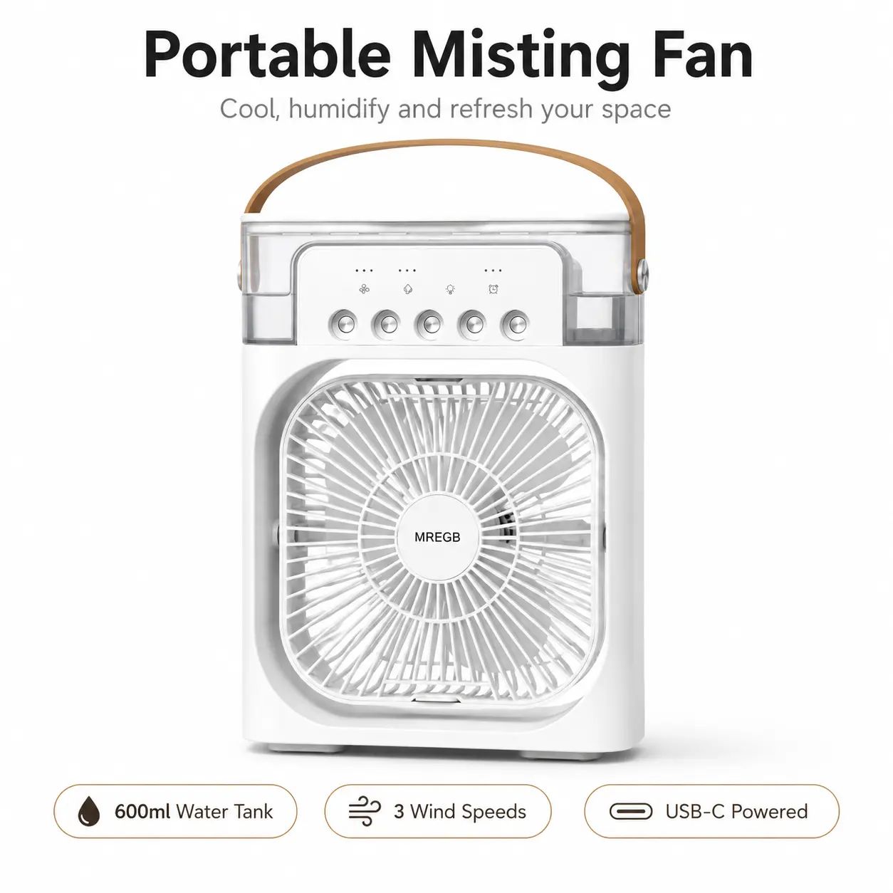 MREGB Portable Air Cooler, USB Mini Air Conditioner with Misting Fan, Personal Evaporative Air Cooler, 3 Wind Speeds, 3 Mist Modes, 1/2/3H Timer, 7 Color LED Night Light for Bedroom, Office, Desk, Home