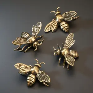 5pc Antique Brass Bee Figurines, Hand-Painted Patina Bronze Insect Statues, Vintage Metal Art Sculpture for Desk Shelf Home Office, Unique Collectible Farmhouse Mantel Decor, Year-Round Christmas Halloween Birthday Gift