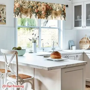 [Vintage Floral Short Curtains] 2D Flat - 2D Flat - 1pc of Vintage Floral Short Curtains for The Kitchen, Featuring Elegant Drapes with a Rod Pocket And Semi-Sheer Fabric, Suitable for The Bathroom Or Living Room