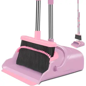 Broom and Dustpan Set for Home, Office, Indoor&Outdoor Sweeping, Stand Up Broom and Dustpan (Pink)