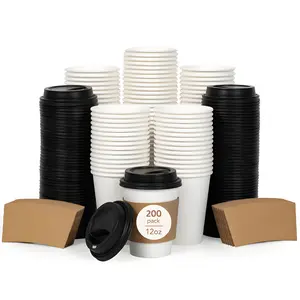 12 oz Paper Coffee Cups ,Disposable Coffee Cups with Lids ,and Sleeves,and Stirrers,200-Pack Heat Resistant Paper Cups, Leak-Proof To Go Cups for Coffee Shop, Cafe, Office and Party Supplies