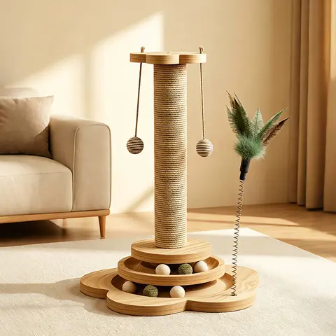 Natural Wood Standing Cat Climbing Tower - Climb & Scratch Pet Furniture with Scratcher Board, Vertical Scratcher, Interactive Toy, Enhances Playtime, Keeps Feline Entertained