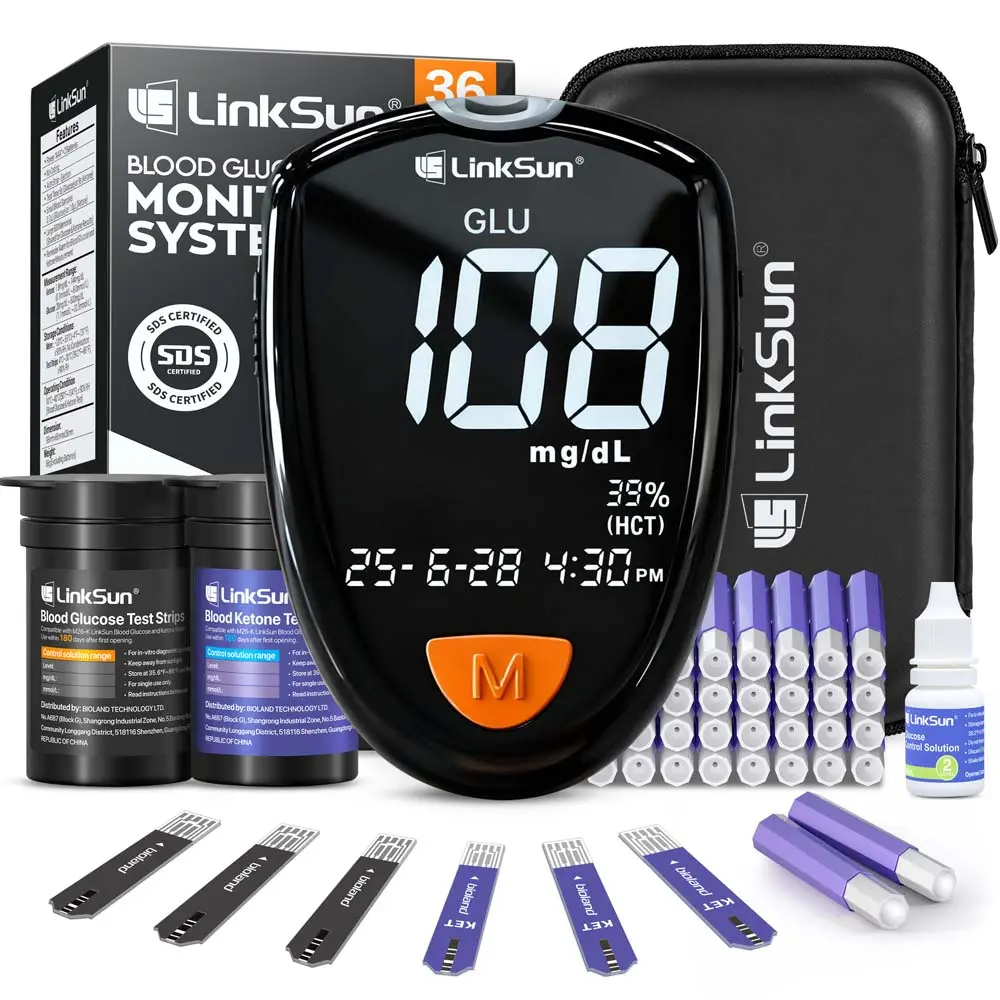 Linksun M26-K Blood Glucose & Ketone Testing Kit, 20 Safety Lancets, 10 Glucose Strips, 10 Ketone Strips, Travel Case,Glucose Control Solution,2-IN-1 Glucose Ketone Meter,No Coding,Large Display Starter Kit for Home Health & Keto Monitor,summeressentials