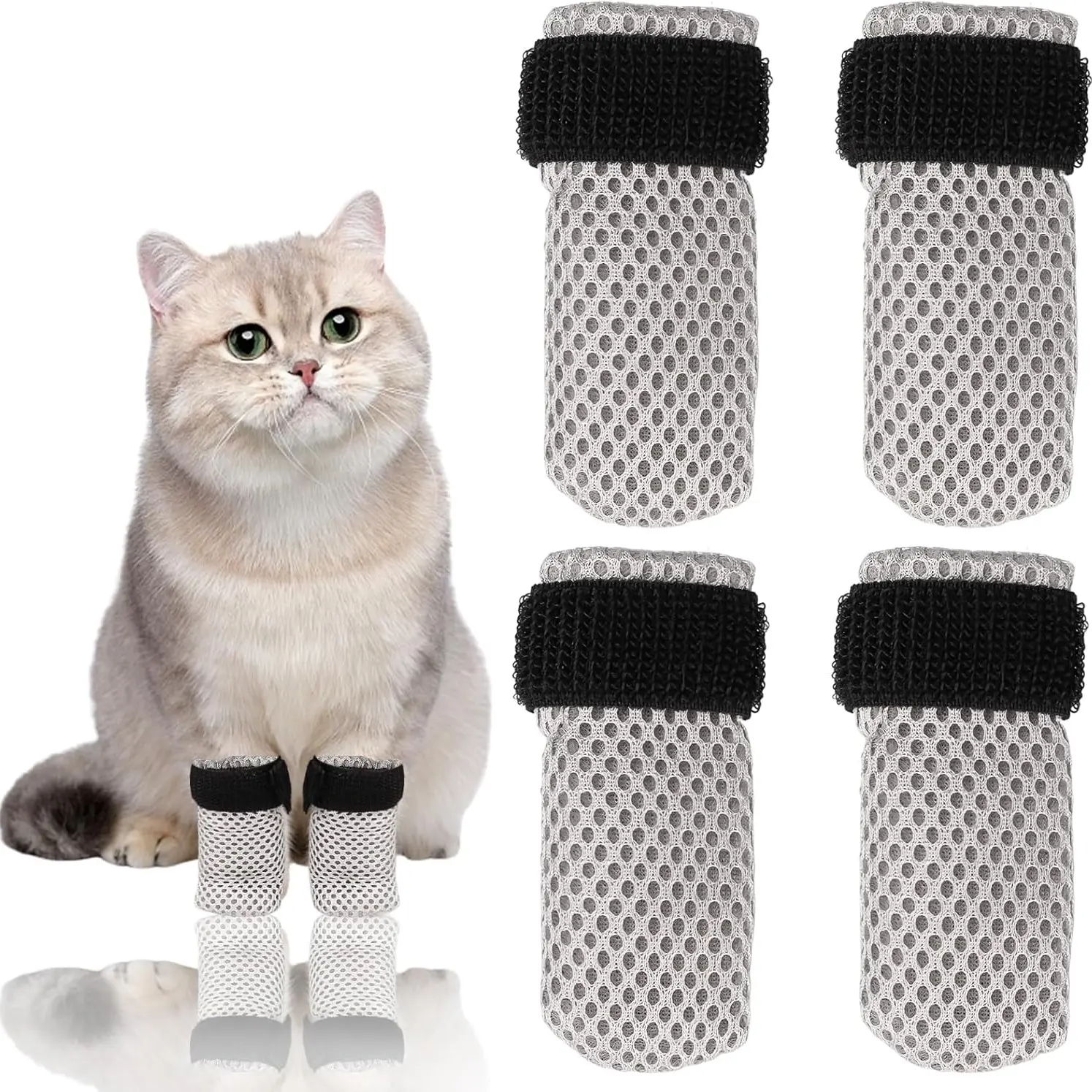 Pet Cat Dog Boots, Anti-Scratch Adjustable Mesh Paw Guards, Non-Slip Breathable Pet Gloves for Bathing, Nail Trimming, Injection, Paw Protectors