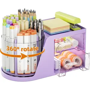 Desk Organizer with 2 Drawer, 360°Rotating Pen Holder for Desk, Desk Organizers and Accessories with 6 Slots Pencil Organizer + 2 Drawer, Art Supply Storage Box Caddy for Office (Purple)
