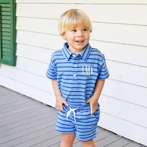 Blue & Navy Stripe Terry Polo Short Set - Boys 2Pc Outfit