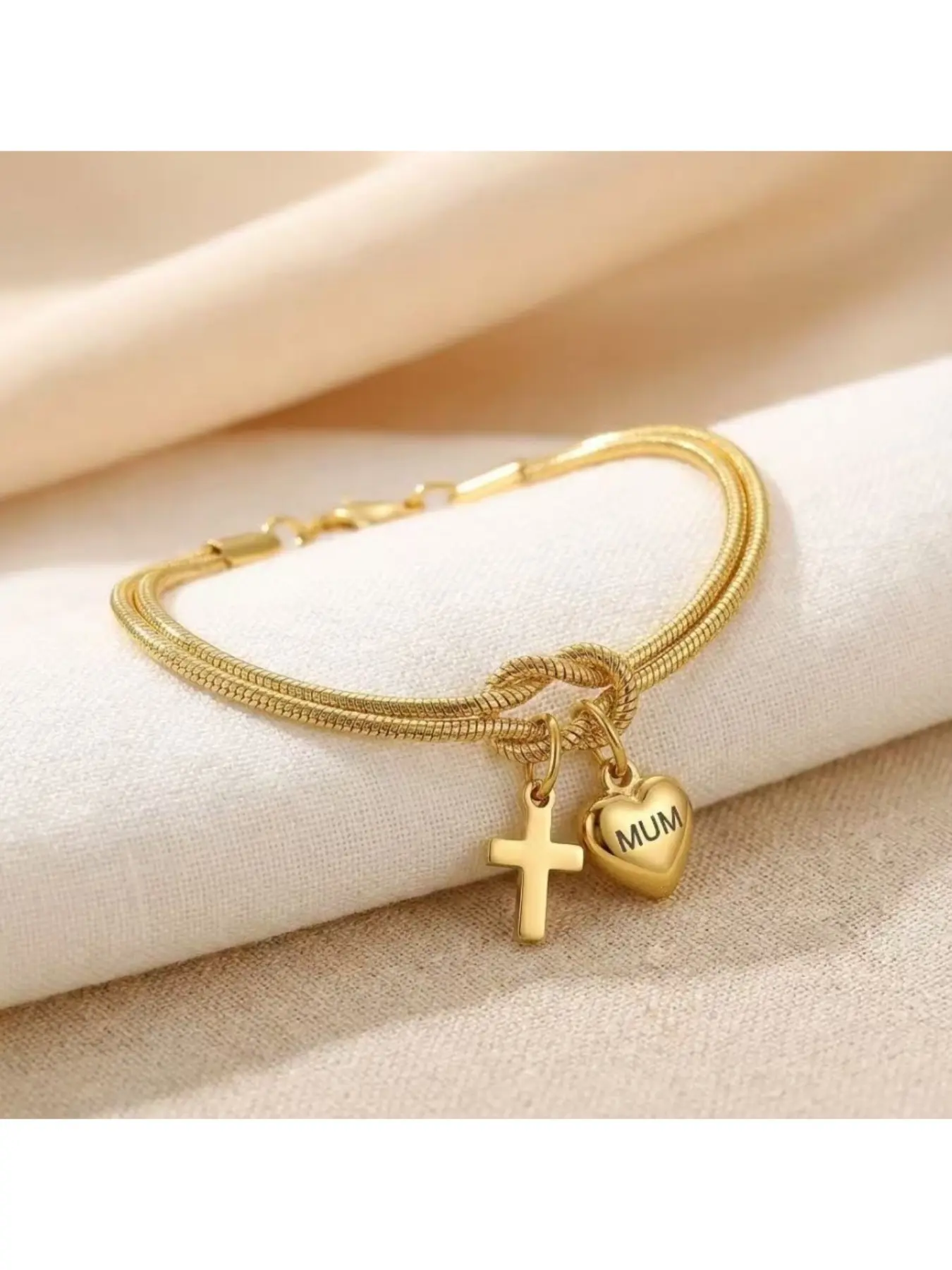 Stainless Steel Engraved Mum Heart Cross Bracelet, Retro Chain Print Necklace, Birthday Gift for Mother and Wife, All Seasons Jewelry