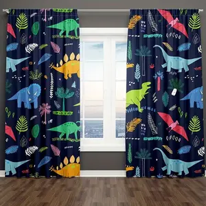 Cartoon Dinosaur Print Half-Blackout Curtains, 100% Polyester Fiber, UV Protection, Rod Pocket Design, Privacy & Decoration