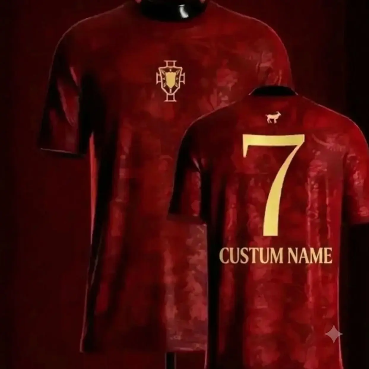 Custom Name GOAT CR7 Red Gold Soccer Jersey Performance Football Shirt Breathable Athletic Match Day Fan Gear, Gift For Him, Gift For Her.
