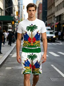 Haiti Flag Men's Two Piece Set - Haitian Pride Matching Outfit, Summer Tropical Short Sleeve Tee Fabric & All Over Print Shorts, Casual Fitted Outfit for Haiti Flag Day Independence Day