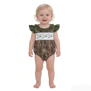 Little Baby Girls Mallard Ducks Embroidery Collar Neck Tree Leaves Camouflage Short Sleeve Bodysuits Rompers Soft Stretchy Sleepers