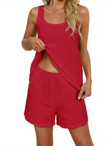 Women's Summer 2-Piece Casual Shorts Set, Solid Color Shorts Two-Piece Set, Slouchy Loungewear or Casual Outfit, Sleeveless Fashionableeveless Top and Hot Pants Set, Comfortable Beach Vacation Wear, Ideal Choice for Summer Wear and Outdoor Activities