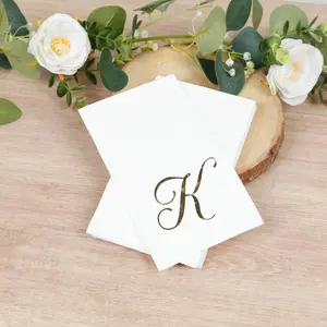 100-Pack Paper Dinner Napkins White with Gold Foil Monogram "K" – 8"x4" Folded, Disposable Party Napkins