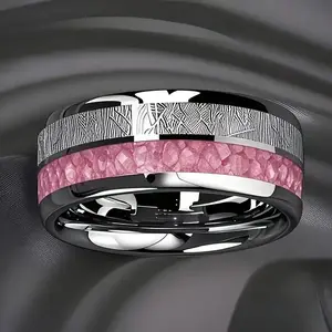 Women's 304L Titanium Steel Ring, Elegant Durable Band with Pink Rose & Meteor Inlay, Romantic Look Wedding Gift Ideas for Daily Wear