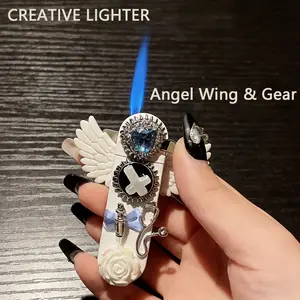 Creative Angel Wing Gear Lighter - Windproof Butane Jet Flame, Decompression Spinning Disc for Stress Relief, Refillable Metal  Lighter (Gas Not Included) cute