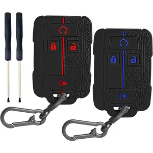2PCS for Chevrolet Key Fob Cover, Soft Silicone Key Shell Full Protection Compatible with GMC Chevy Colorado Silverado Suburban Tahoe Silverado Sierra Yukon Canyon (Black Blue+Black red)