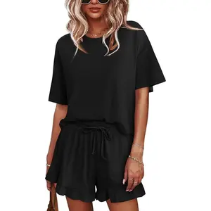 Tankaneo Women's Pajama Set Loungewear Crop Top Short Sleeve Tee Drawstring Ruffled Shorts Soft Sleepwear