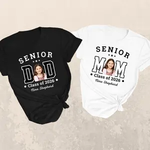Custom personalized senior mom and dad graduation shirt with photo, class of 2026 collegiate style cotton tee for parents, commemorative high school graduate t-shirt, soft breathable unisex tshirt for graduation ceremony