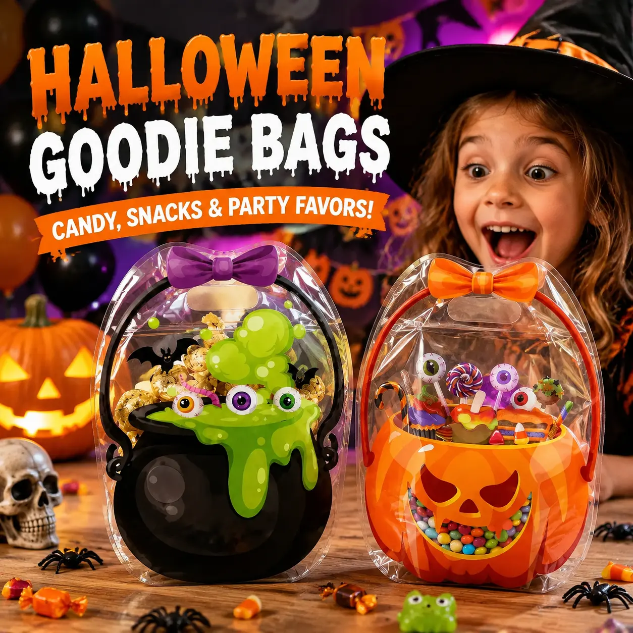 Halloween Goodie Bags Set for Kids, Trick or Treat Candy Buckets with Cute Cauldron & Pumpkin Design, Large Capacity Candy Holder for Halloween Party Favors, Classroom Treats and Spooky Night Fun