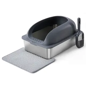 23.6IN Cat Litter Box, Stainless Steel Cat Litter Box with Lid, Scoop and Mat Included 23.6IN Cat Litter Box, Stainless Steel Cat Litter Box with Lid, Scoop and Mat Included
