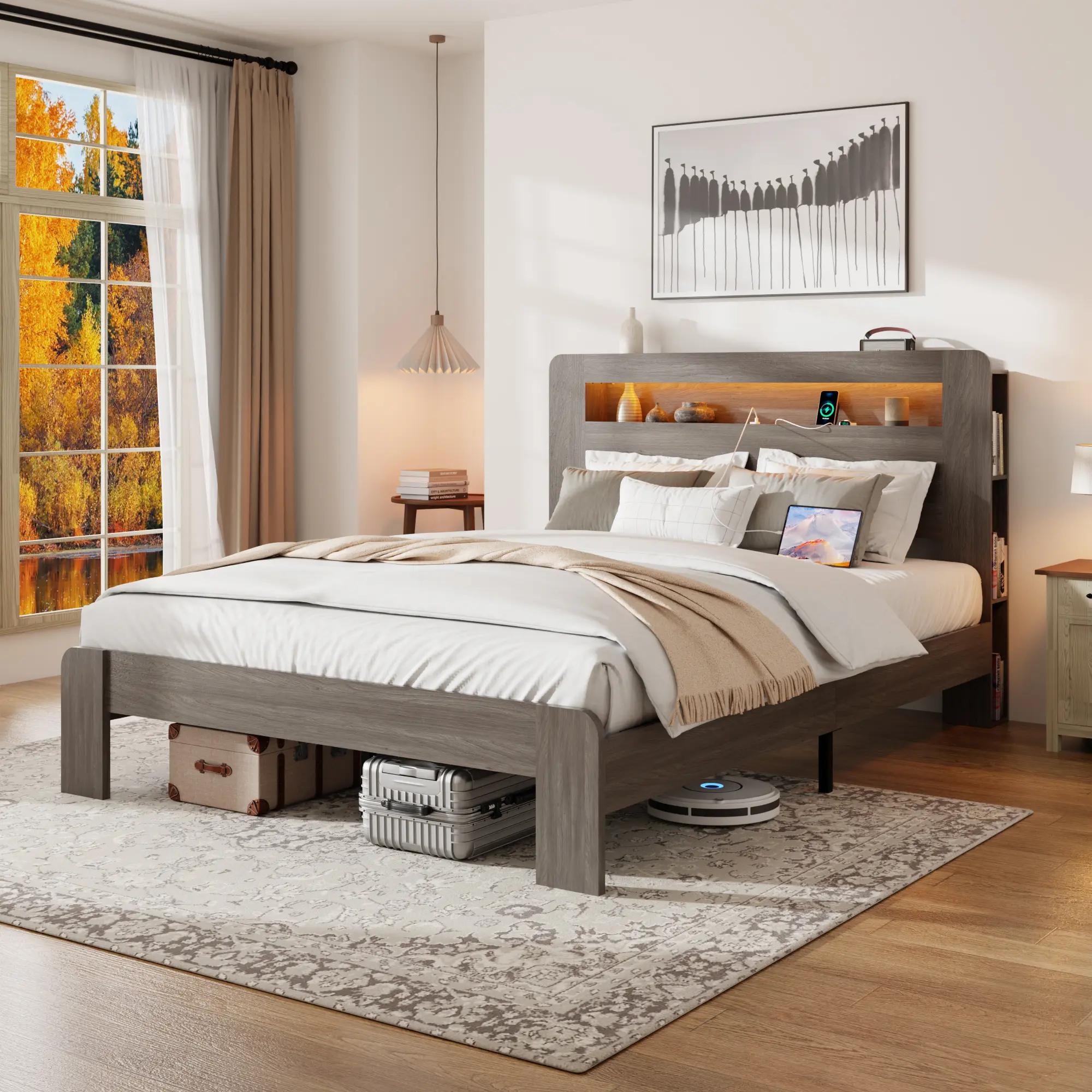 FANSACE Queen Size Wood Platform Bed Frame with Storage, LED Light Headboard, 2 USB Charging Ports, Noise-Free Design, Large Under-Bed Storage, No Box Spring Needed, Dark Gray
