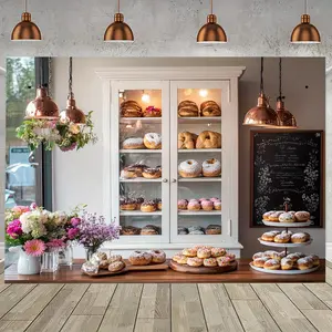 1pc Cozy Bakery Backdrop Banner - Polyester Photo Booth Prop with Cream Shopfront & Assorted Pastries for Birthday Parties & Events, Versatile Decorative Banner for All Seasons, Bakery Theme Party Decorations White