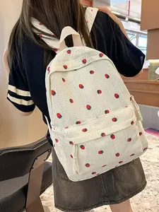 Fashionable Teenage Girls' Backpack, High School Velvet Strawberry Print Computer Bag, Dual Shoulder Strap Student Bookbag, Trendy Backpack