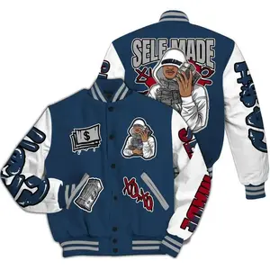 Selfmade XO Varsity Jacket, French Blue Retro Bomber, Custom Graphic Streetwear, Stylish Gift for Men and Women