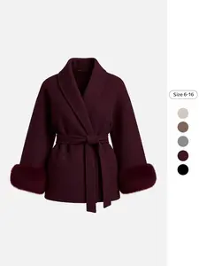 Women's Modest Elegant Solid-Color Waist-Tie Faux Fur Long Sleeve Wrap Coat, Casual Fall & Winter Warm Outerwear