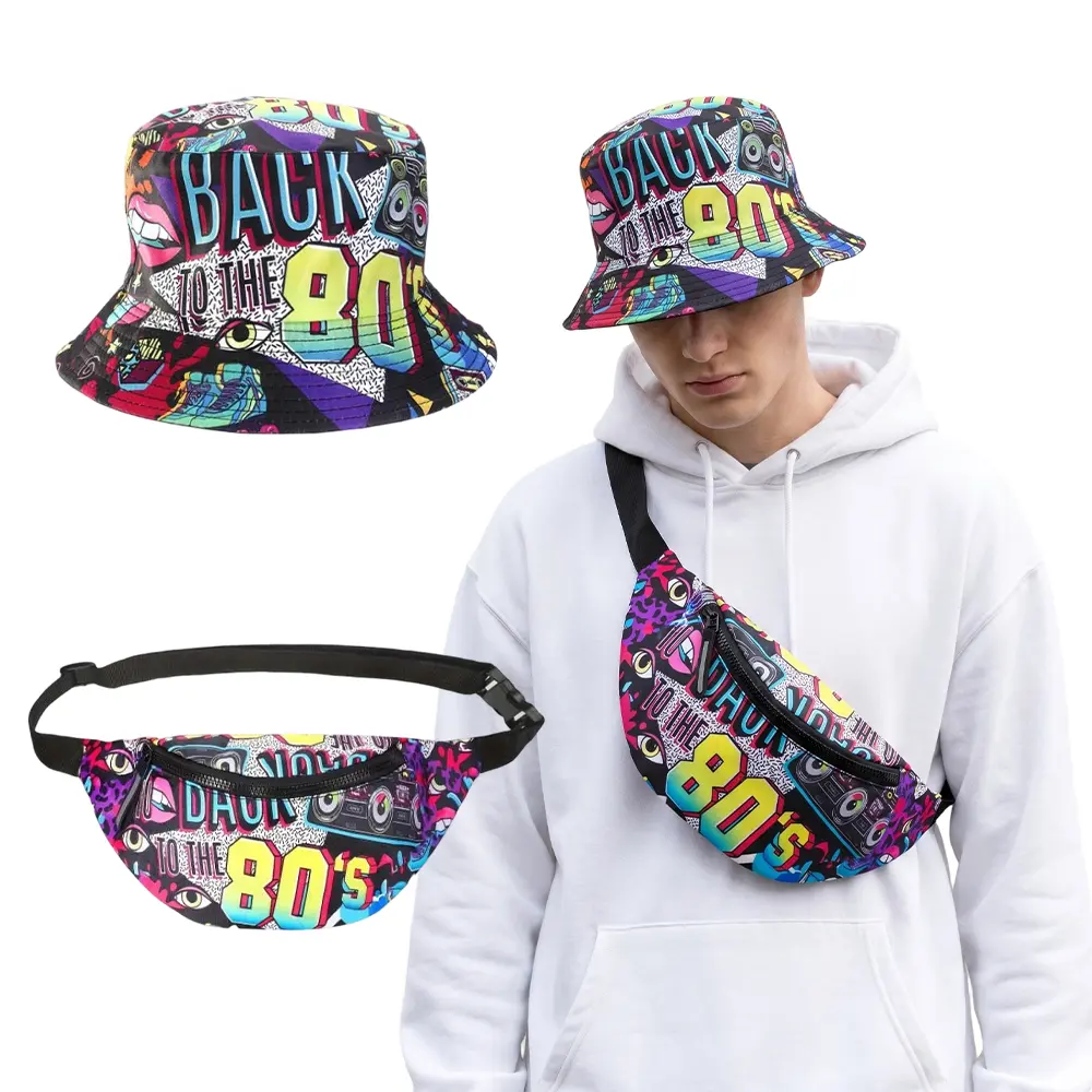 2 PCS Fashion 80s 90s Bucket-Hat Fishing-Hat Packable Fisherman Hat Rave Party Accessories Hat for Men Women Summer Beach Party Supplies Multi