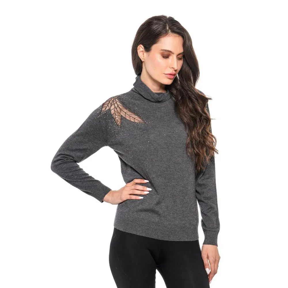 ADORE Charcoal Knit Sweater with Mesh & Rhinestone Leaf