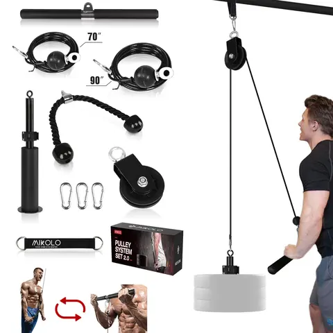 MIKOLO Fitness LAT and Lift Pulley System, Dual Cable Machine(70'' and 90'') with Upgraded Loading Pin for Triceps Pull Down, Biceps Curl, Back, Forearm, Shoulder-Home Gym Equipment(Patent)MIKOLO Outdoorfun